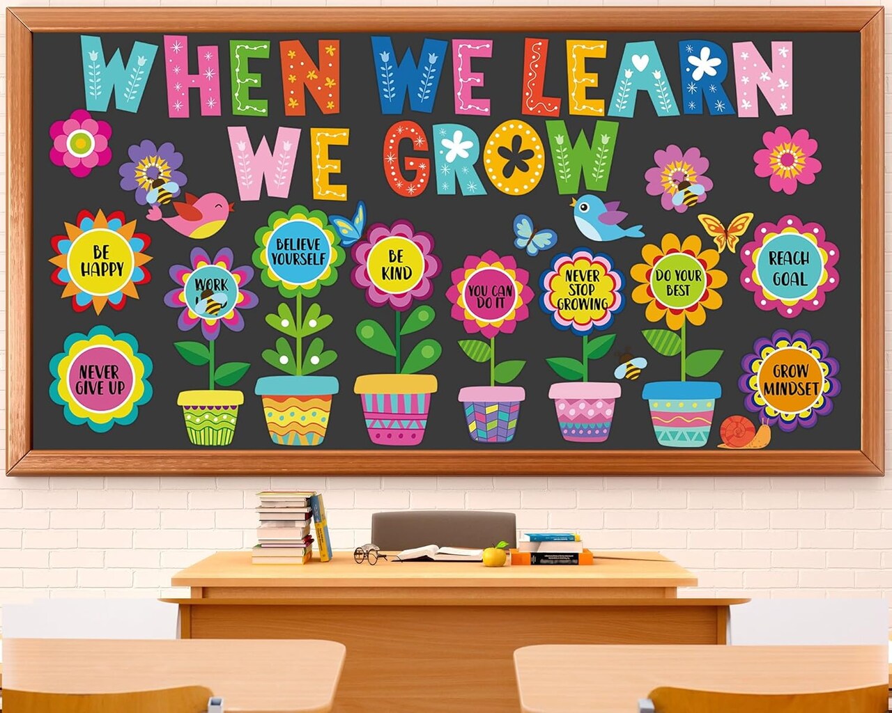 82Pcs Summer Themed Flower Growth Mindset Bulletin Board Set Spring Classroom Decorations When We Learn We Grow Floral Cutouts Positive Sayings Colorful Flower Cutouts for Kids School Offices Supplies